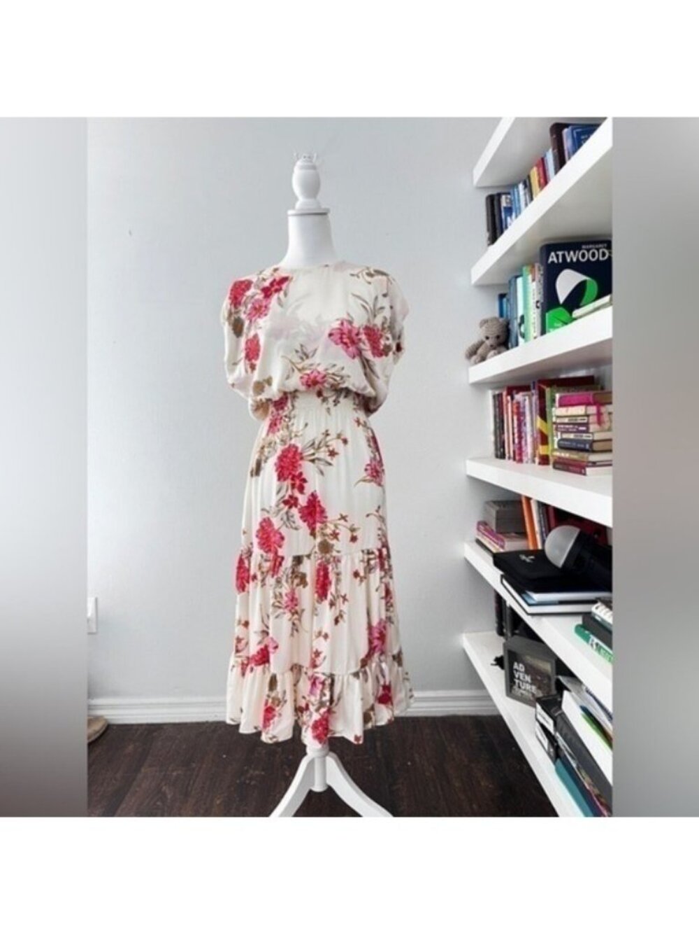 MISA LA Dress S Paulina Cream Pink Floral Print Blouson Cap Sleeve Midi size XS
